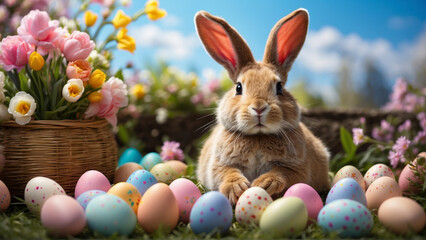 Fototapeta na wymiar Easter Bunny in a Sunny Easter Meadow with Colourful Painted Easter Eggs.