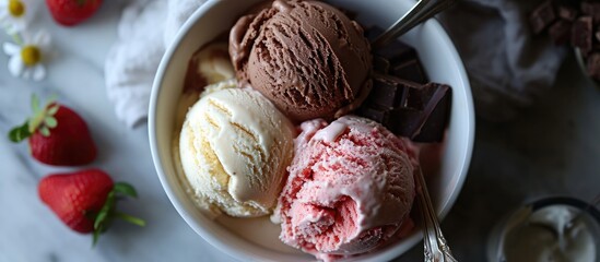 DIY Neopolitan ice cream - vanilla, chocolate, and strawberry. - obrazy, fototapety, plakaty