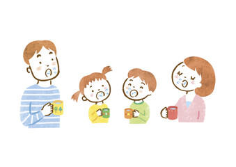 うがいをしている家族４人の手描きイラス