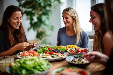 Young happy women friends eating healthy food and laughing at the festive table - obrazy, fototapety, plakaty