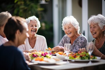 Senior women having lunch outdoors on a celebration and spending time together - obrazy, fototapety, plakaty
