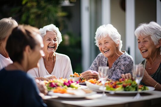 Senior women having lunch outdoors on a celebration and spending time together