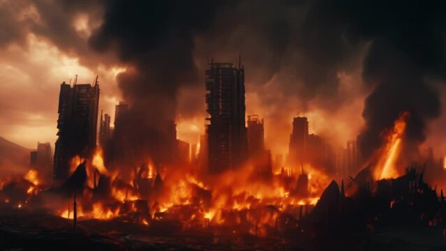 A completely destroyed city in fire and smoke. War and apocalypse concept. Animation with zoom effect. High quality 4k footage