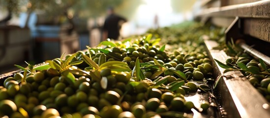 Continuous olive feed for extracting extra virgin olive oil in small-scale production facility.