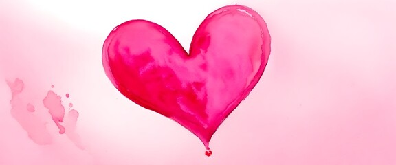 Watercolor painting of heart. Pink valentine heart. Heart on pink background banner.