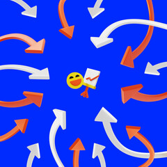 3d illustration with smile, chart board and color arrow on blue color background. 3d design