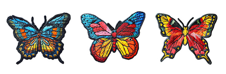 Embroidered patch sticker butterfly set on transparent background