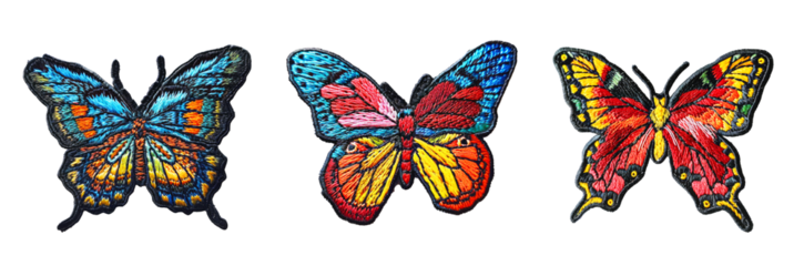 Embroidered patch sticker butterfly set on transparent background