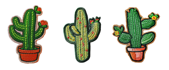 Embroidered patch sticker cactus set on transparent background