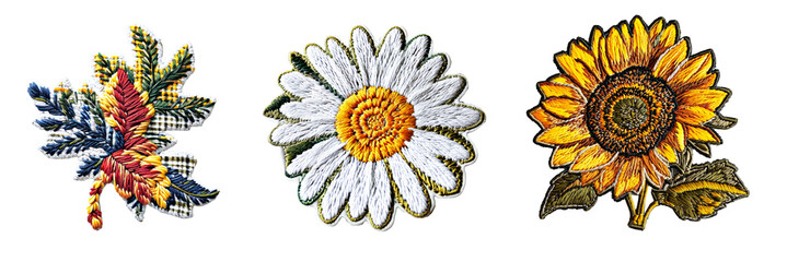 Embroidered patch sticker flowers set on transparent background - obrazy, fototapety, plakaty