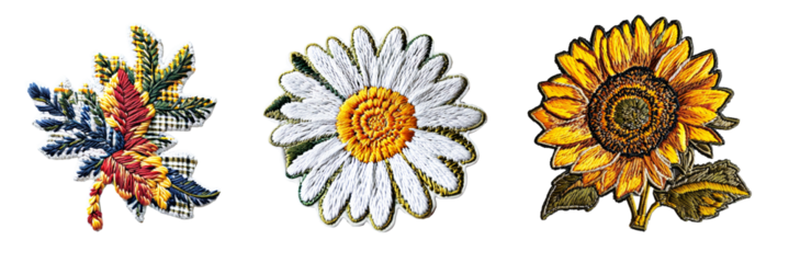 Embroidered patch sticker flowers set on transparent background