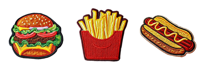 Embroidered patch sticker fast food set on transparent background
