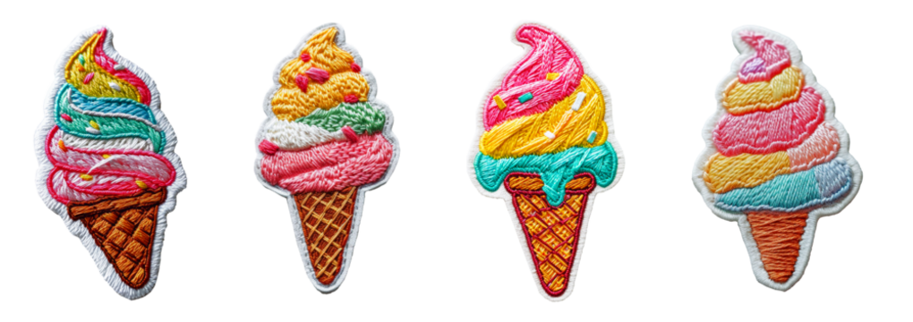 Embroidered patch sticker ice cream set on transparent background