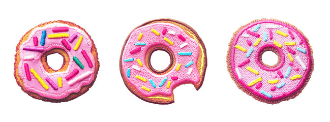 Embroidered donuts patch sticker set on transparent background