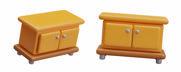 Small bedside table in different positions. Bedroom furniture. Set of illustrations in cartoon style. Low model with two doors. Image for online store, interior decoration game