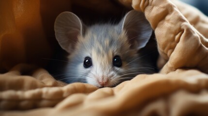 A small mouse is peeking out from under a blanket. Rodent pest control concept picture.
