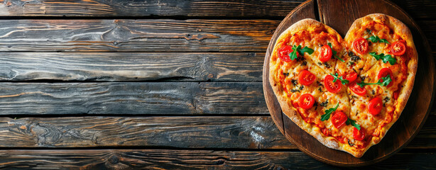 Flat lay view of pizza in shape of romantic heart, in the stile of valentine` s day, on dark wooden table - Powered by Adobe