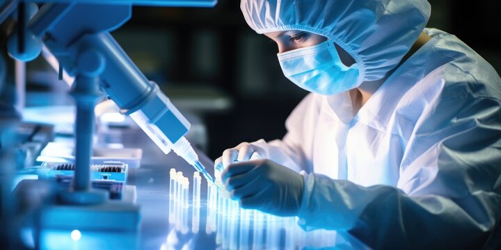 A person in a lab coat and mask working in a clean room environment in biotech company developing new medications.