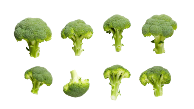 Set of fresh green broccoli on white background, top view.PNG image.