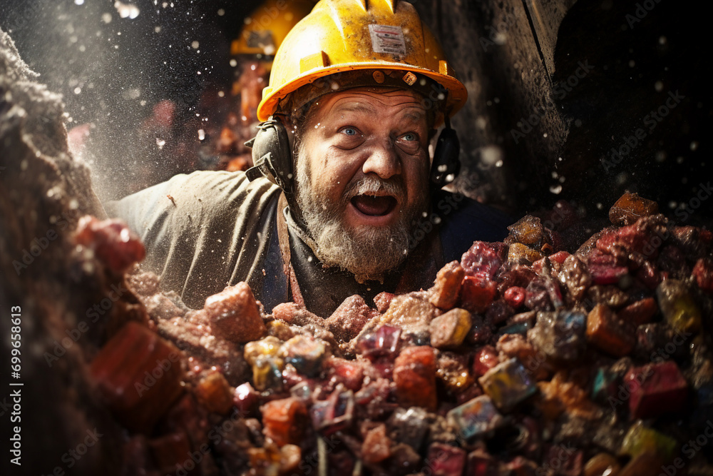 Poster generative ai surreal picture of funny worker mining gemstones and precious minerals