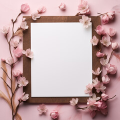 Naklejka na ściany i meble Happy Birthday, Valentine's day blank paper with on pink background with flowers. Greeting card, invitation or letter. Flat lay, top view, copy space. Mockup for text or picture. Spring concept