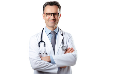 Fototapeta premium Portrait of smiling male doctor posing with folded arms isolated on transparent background,PNG image.