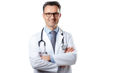 Portrait of smiling male doctor posing with folded arms isolated on transparent background,PNG image.
