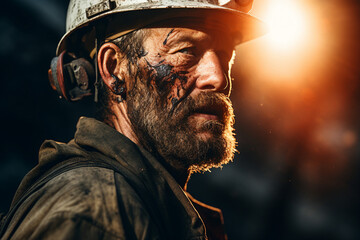 Male coal miners in protective helmet working and extracting vital energy resources generative AI - obrazy, fototapety, plakaty