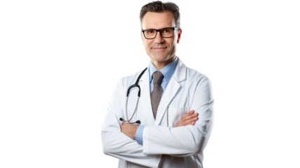 Portrait of smiling male doctor posing with folded arms isolated on transparent background,PNG image.