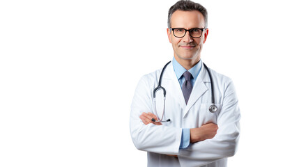 Portrait of smiling male doctor posing with folded arms isolated on transparent background,PNG image. - Powered by Adobe