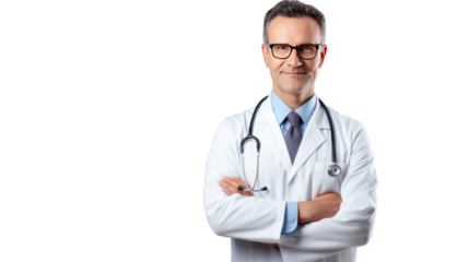 Portrait of smiling male doctor posing with folded arms isolated on transparent background,PNG image.