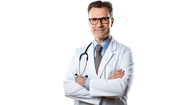 Portrait of smiling male doctor posing with folded arms isolated on transparent background,PNG image.