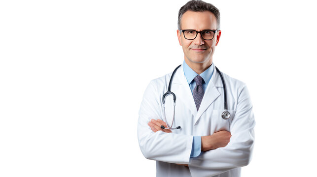 Portrait of smiling male doctor posing with folded arms isolated on transparent background,PNG image.