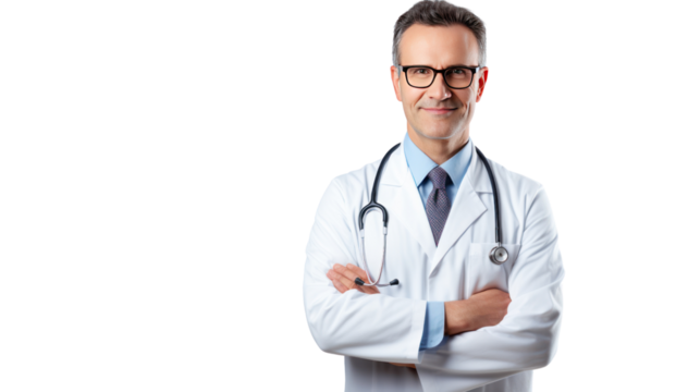 Portrait of smiling male doctor posing with folded arms isolated on transparent background,PNG image.
