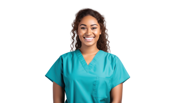 Smiling female doctor in a white coat isolated on transparent and white background.PNG image.	
