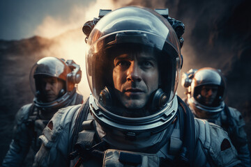 Cinematic scene of an astronaut during an universe exploration learning new civilizations...