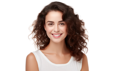 Portrait of a beautiful young woman smiling and looking at camera isolated on transparent background,PNG image.