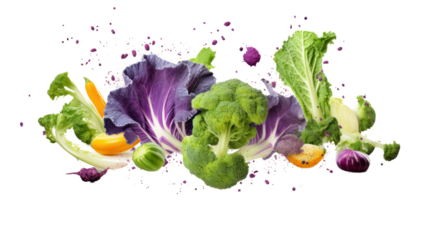 Mix vegetable with broccoli, kale leaf, basil leaves isolated on transparent background,PNG image.