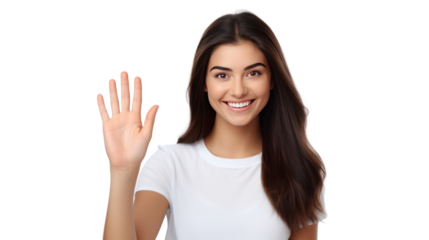 woman wave hello on freelance online conference communication isolated on transparent background,PNG image.