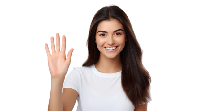 woman wave hello on freelance online conference communication isolated on transparent background,PNG image.