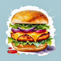 Chicken Hamburger in watercolor painting style.
