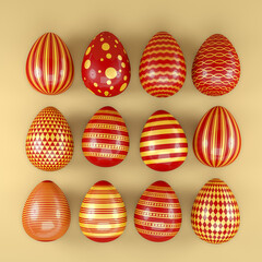 3d render of 12 red and gold easter eggs on yellow background. - Vacation background