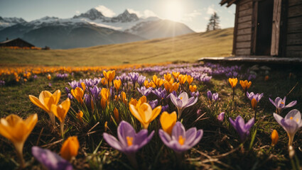 Crocuses grow in a meadow in Switzerland against the background of a forester's hut. generative AI