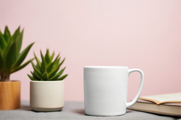 White mug mockup with office supplies on table and green plants in pot. Cup mock up showcase - obrazy, fototapety, plakaty