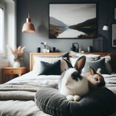 Professional photography of bunnies sitting on a bed