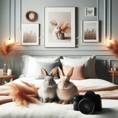 Professional photography of bunnies sitting on a bed