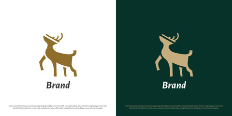 Standing deer logo design illustration. Animal silhouette deer full body brave doe elk ruminant hart zoo hunter club. Simple flat icon symbol, modern abstract drawing elegant luxury glamour mascot. - obrazy, fototapety, plakaty