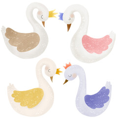 Hand painted white swan illustration. Cartoon clipart