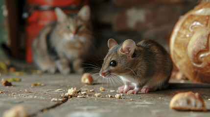 A cat watches a mouse that eats crumbs