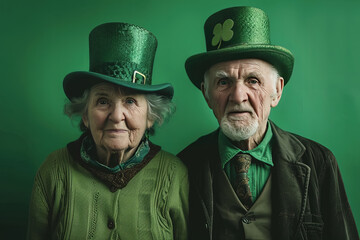 hombre y mujer senior llevando sombrero de copa verde típico de la fiesta de San patricio y ropa en tonos verdes, sobre fondo verde - obrazy, fototapety, plakaty